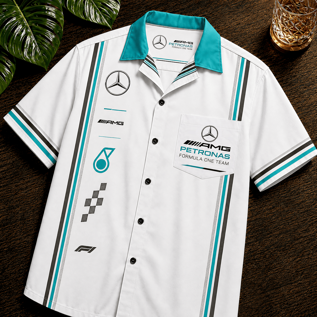 Mercedes AMG Petronas Racing Tropical Hawaiian Shirt Mercedes Merch Gift For Race Fans - Loomnari