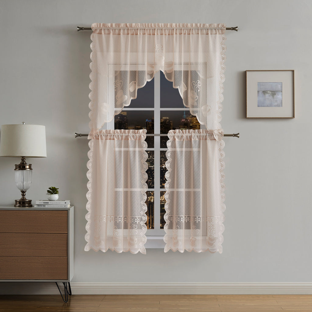 3-Piece Linen Coffee Kitchen Curtain Set - Farmhouse Window Tiers
