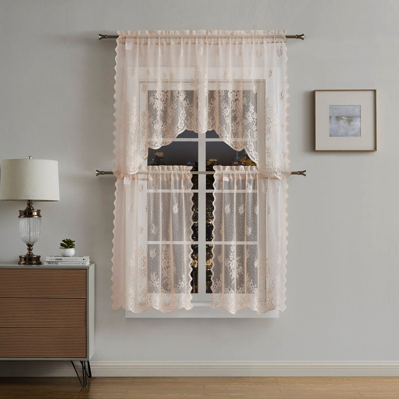 3-Piece Linen Flower Kitchen Curtain Set - Farmhouse Window Tiers