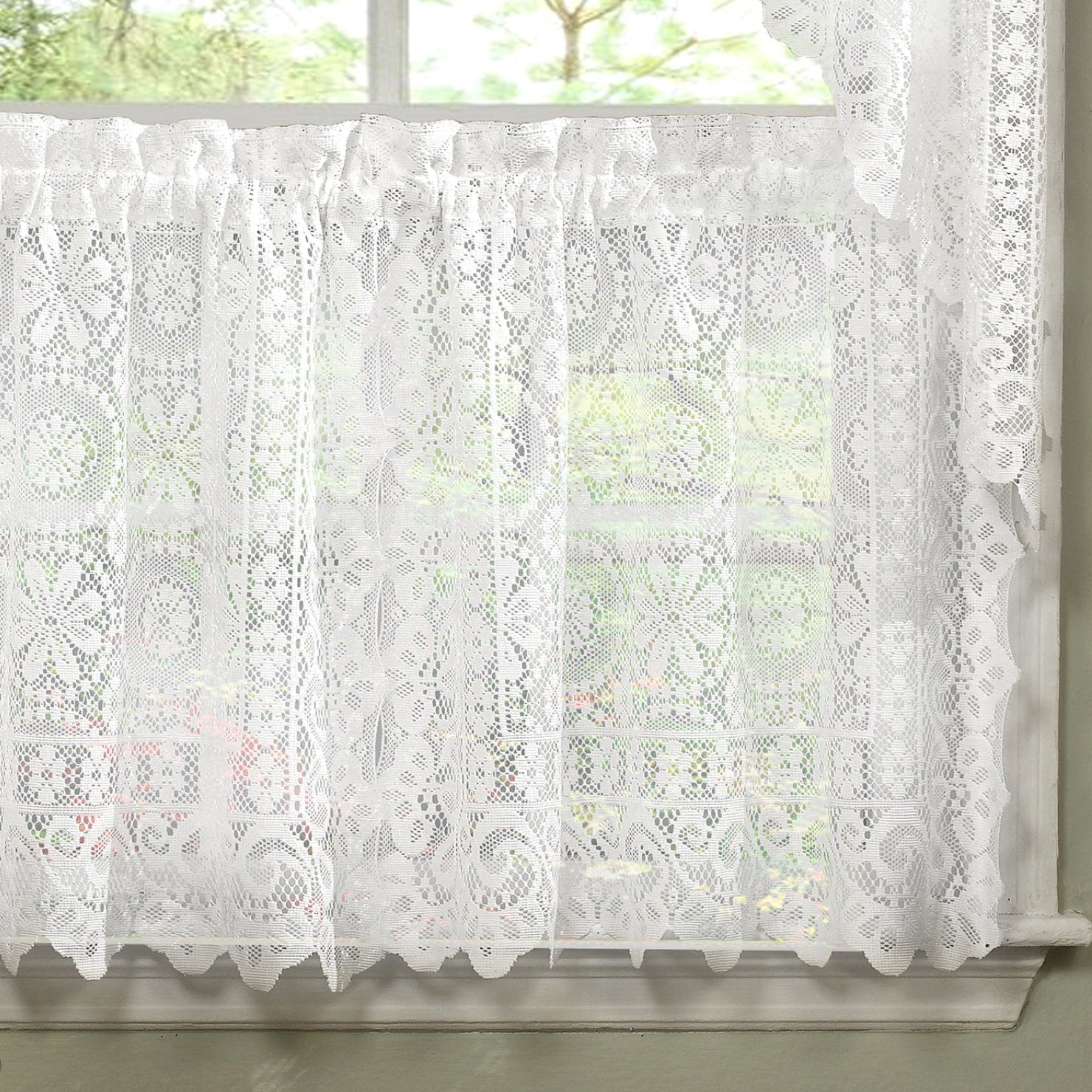 Scalloped Cafe Curtains - Damask Polyester Kitchen Window Set (2pc)
