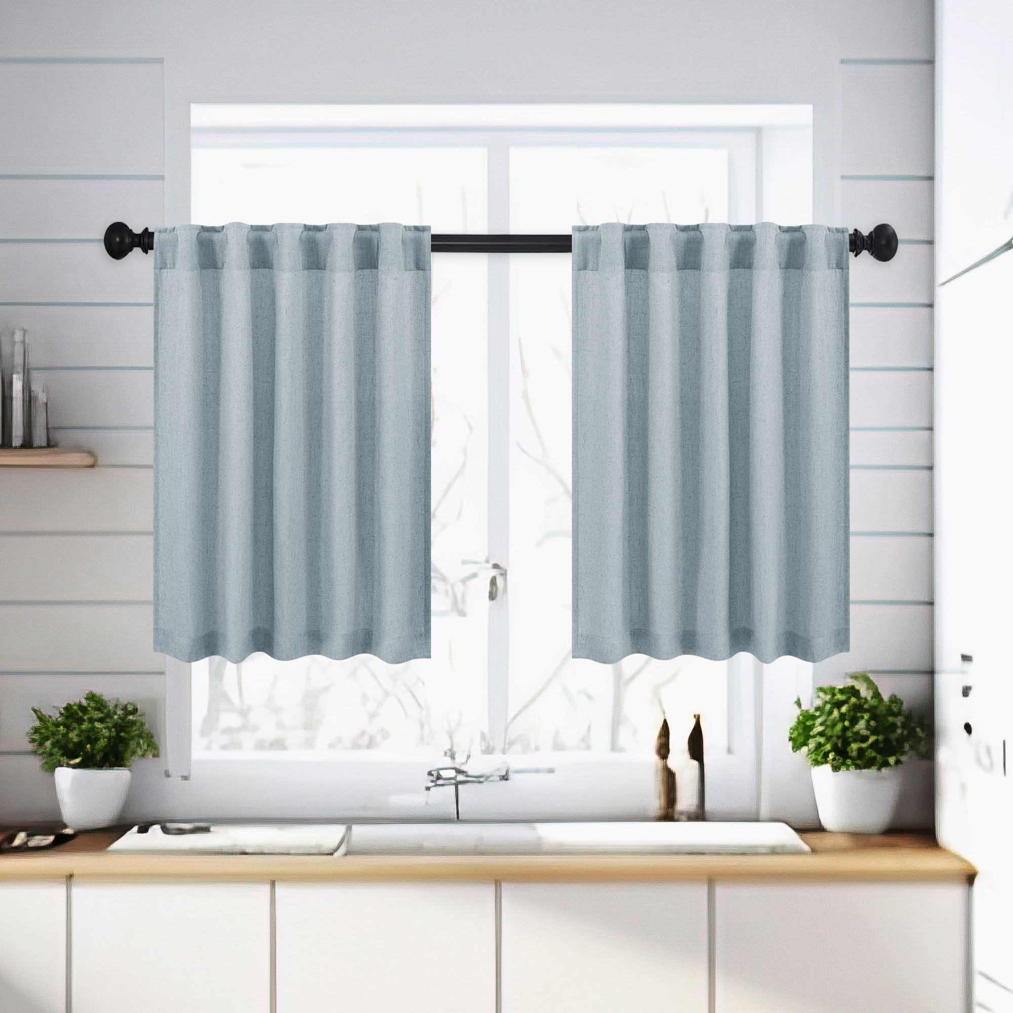 Linen Blend Semi-Sheer Cafe Curtains - Set of 2 for Kitchen & Bathroom