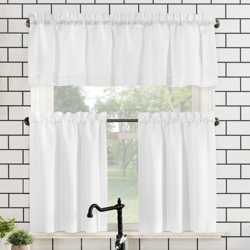 Semi-Sheer 3-Piece Kitchen Curtain Set - White Polyester Valance & Tiers