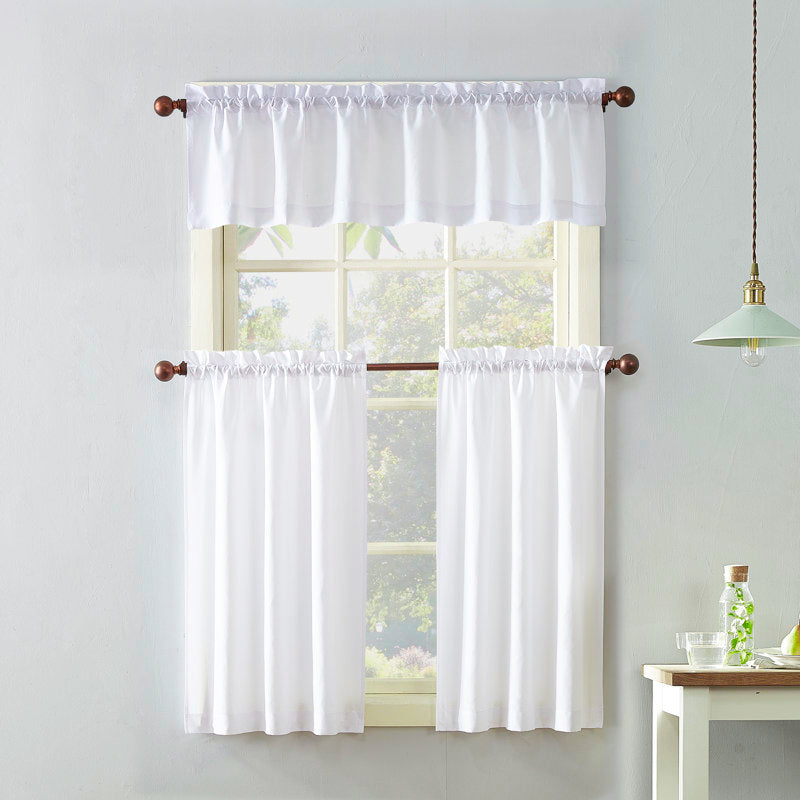 Semi-Sheer 3-Piece Kitchen Curtain Set - White Polyester Valance & Tiers