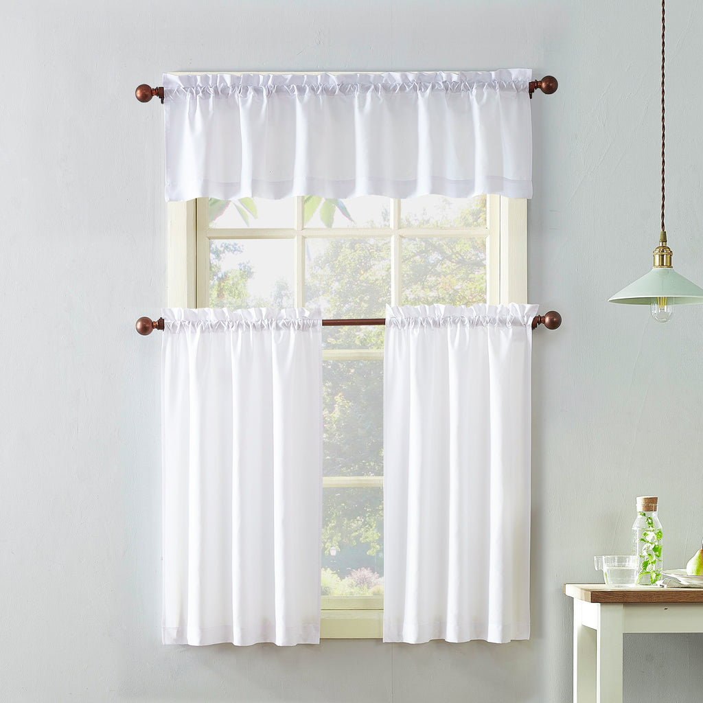 Semi-Sheer 3-Piece Kitchen Curtain Set - White Polyester Valance & Tiers