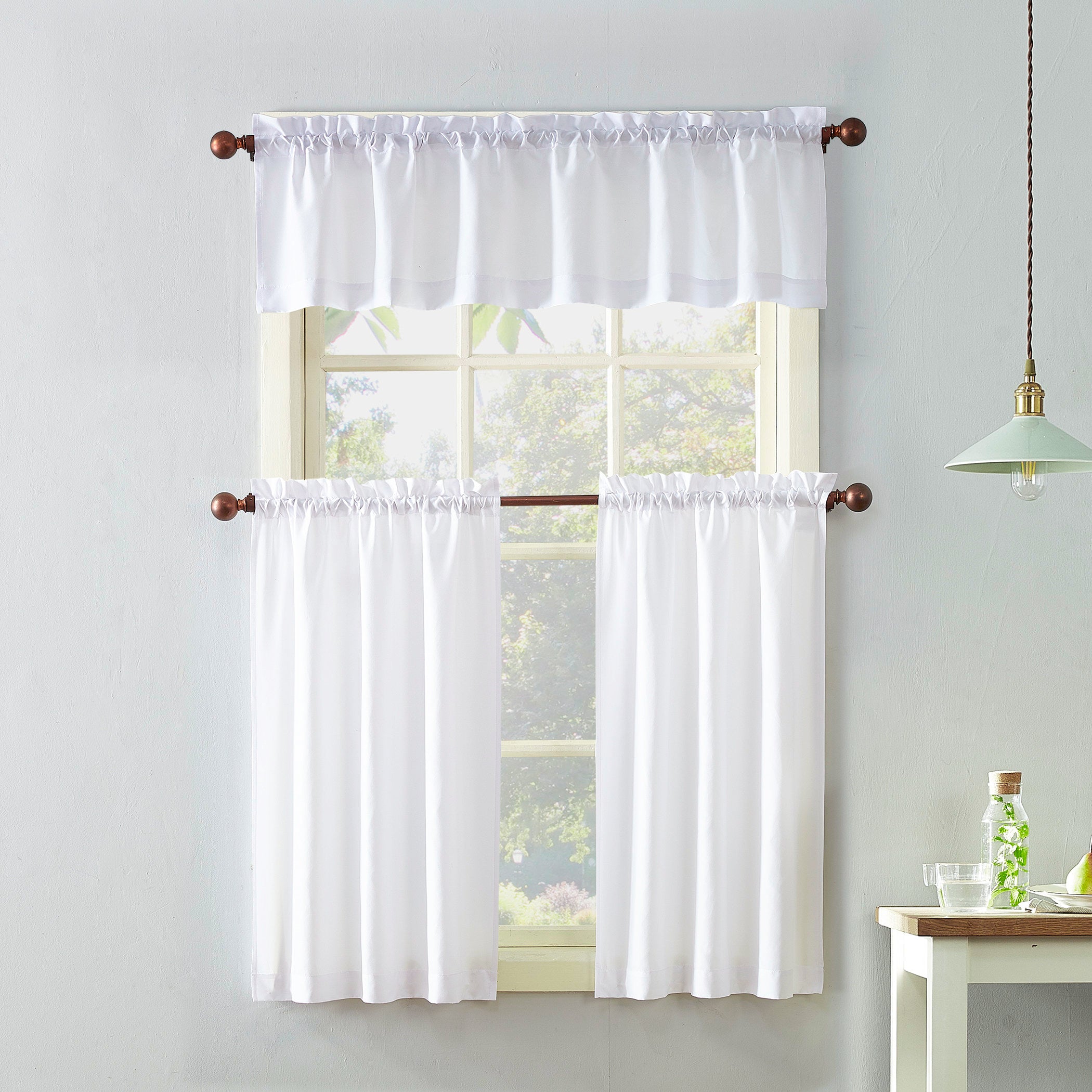 Semi-Sheer 3-Piece Kitchen Curtain Set - White Polyester Valance & Tiers