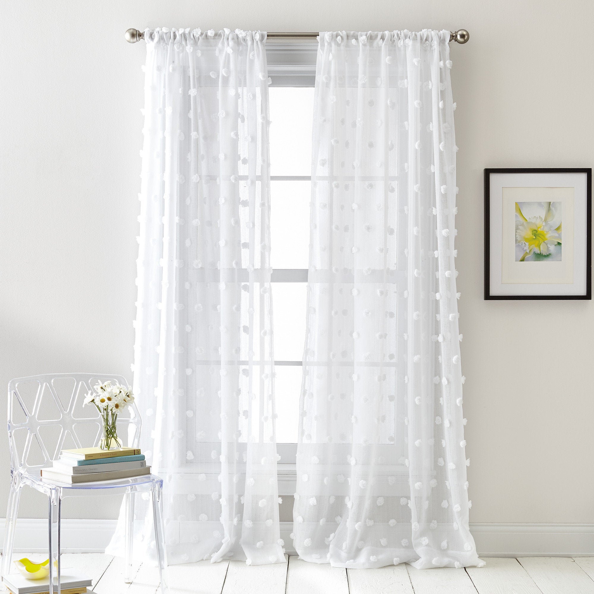Ella Sheer Pom Pom Window Curtain Panels - Set of 2
