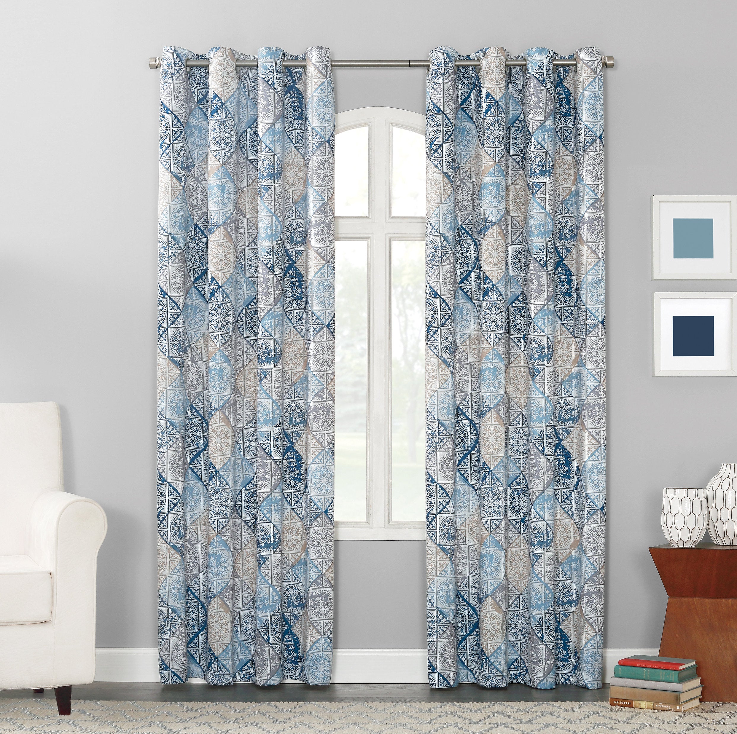Medallion Room Darkening Grommet Curtain Panel - Indigo 54x84