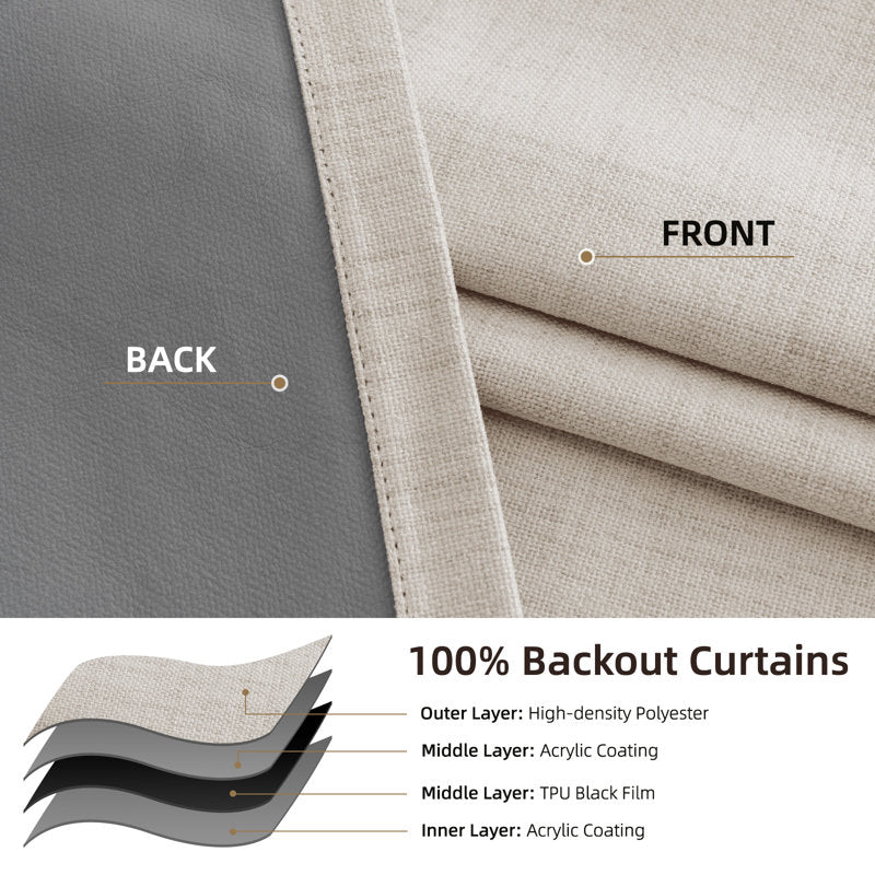 Graciella Faux Linen 100% Blackout Thermal Curtains for Bedroom - 2pc