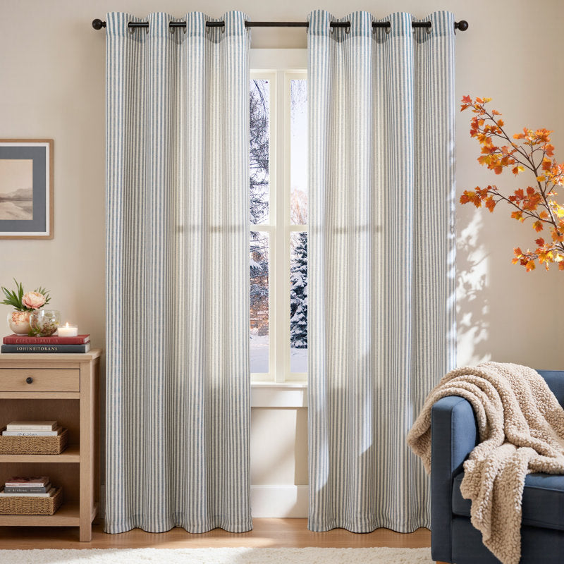Striped Linen Semi-Sheer Grommet Curtains for Living Room & Bedroom