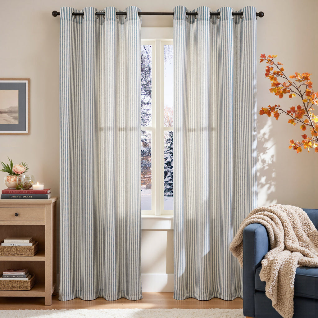 Striped Linen Semi-Sheer Grommet Curtains for Living Room & Bedroom