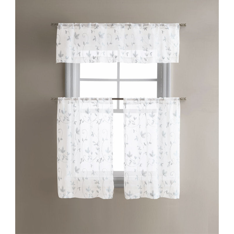 Floral Embroidered Sheer Kitchen Curtain Set - 3 Piece Cafe Tiers