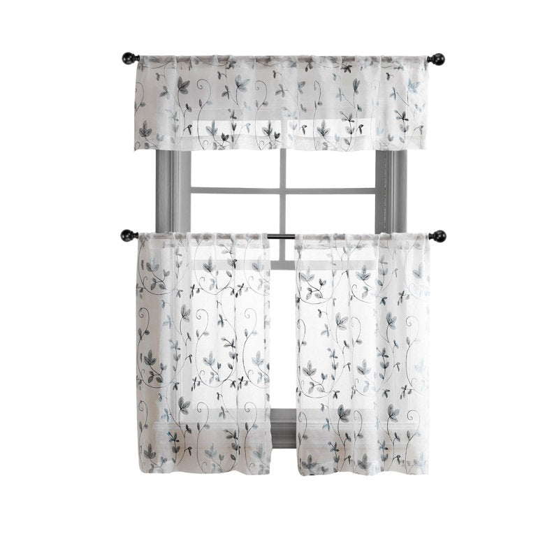 Floral Embroidered Sheer Kitchen Curtain Set - 3 Piece Cafe Tiers