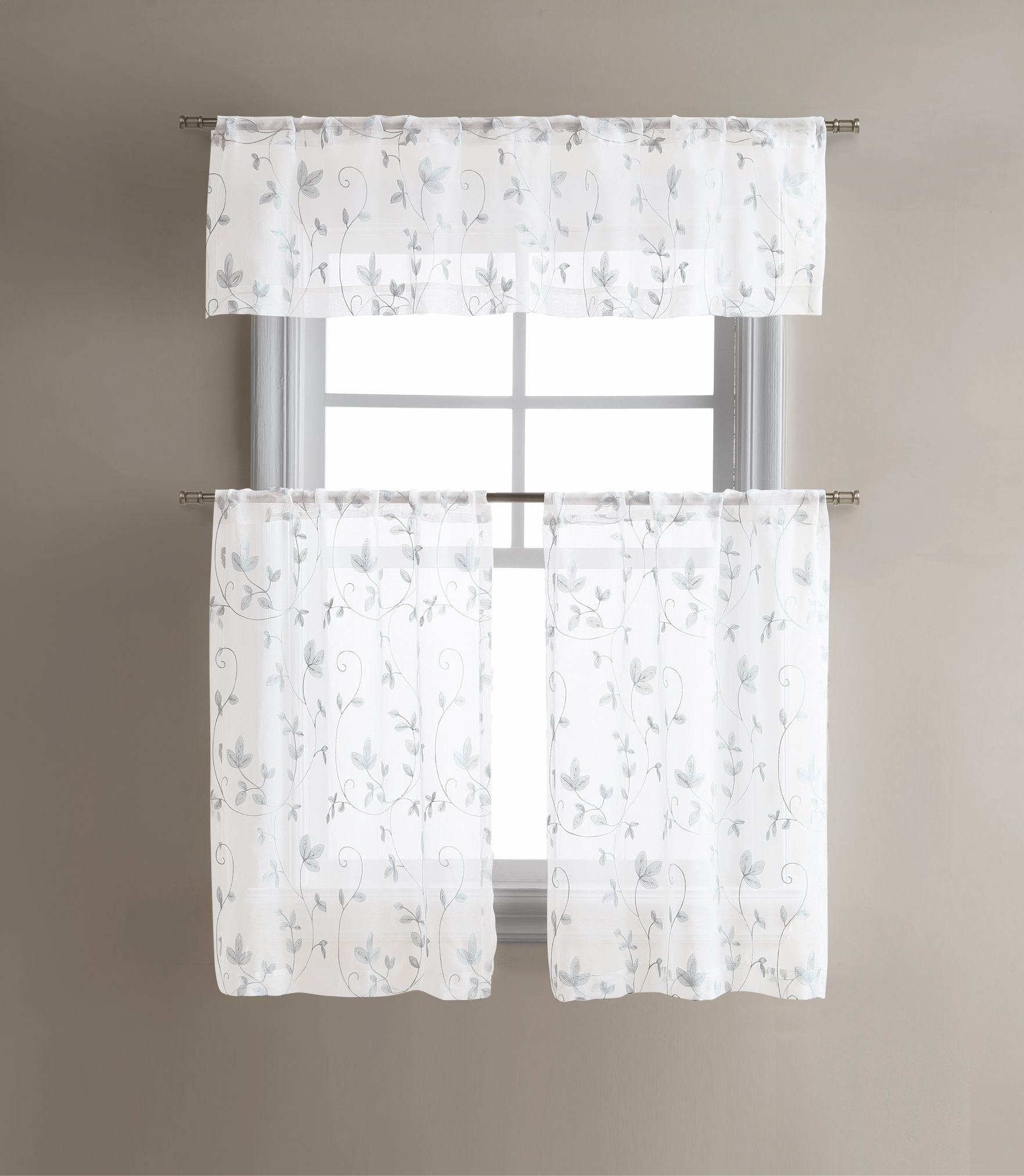 Floral Embroidered Sheer Kitchen Curtain Set - 3 Piece Cafe Tiers