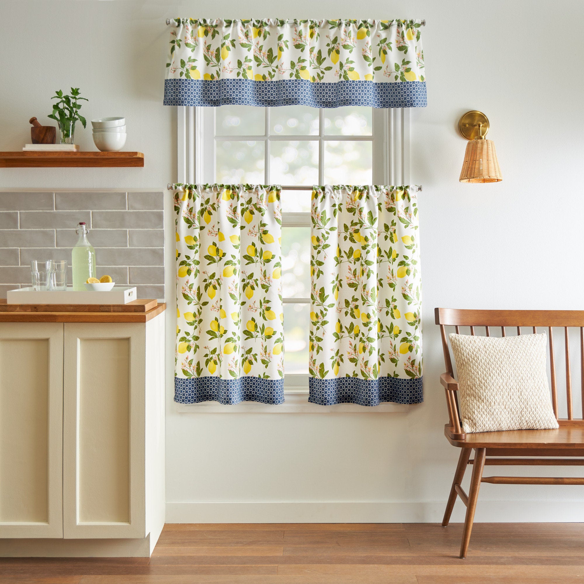Martha Stewart Lemon Kitchen Curtain Set - Light Filtering Valance & Tiers