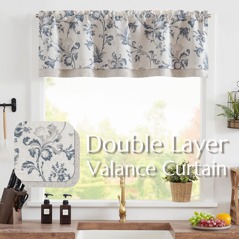 Linen Floral Double Layer Valance - Farmhouse Blackout Kitchen Curtain