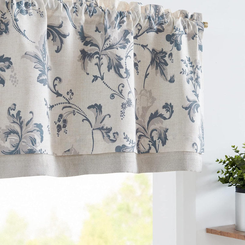 Linen Floral Double Layer Valance - Farmhouse Blackout Kitchen Curtain