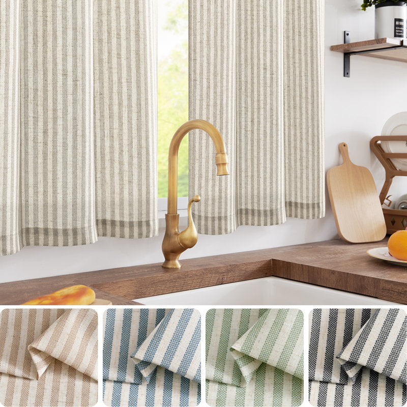 Linen Striped Kitchen Cafe Curtains - Rod Pocket Light Filtering Tiers
