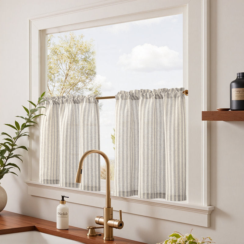 Linen Striped Kitchen Cafe Curtains - Rod Pocket Light Filtering Tiers