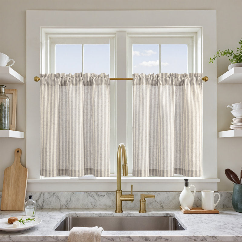 Linen Striped Kitchen Cafe Curtains - Rod Pocket Light Filtering Tiers