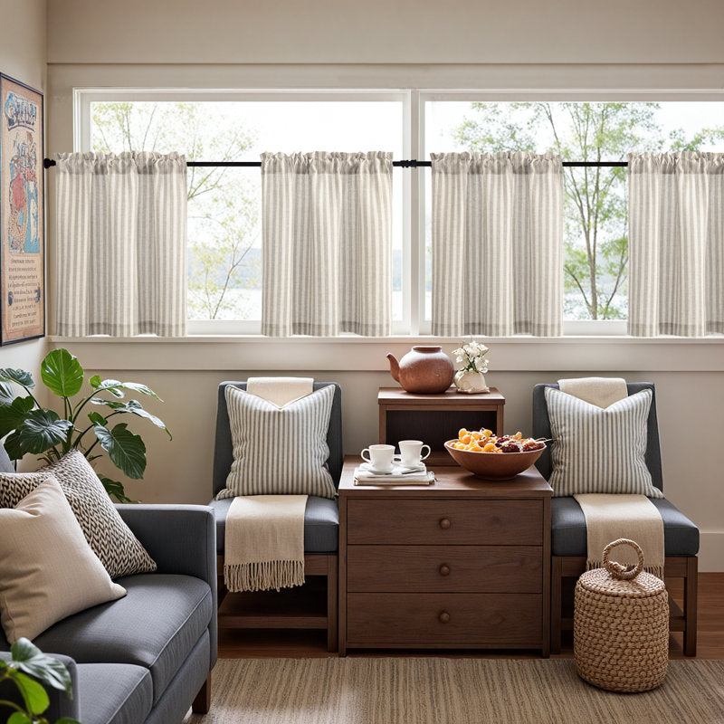 Linen Striped Kitchen Cafe Curtains - Rod Pocket Light Filtering Tiers