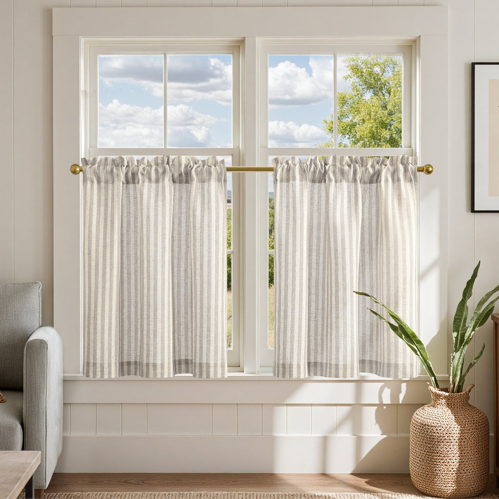 Linen Striped Kitchen Cafe Curtains - Rod Pocket Light Filtering Tiers