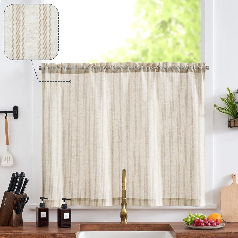 Linen Striped Tier Kitchen Curtains - Farmhouse Rod Pocket Cafe Set