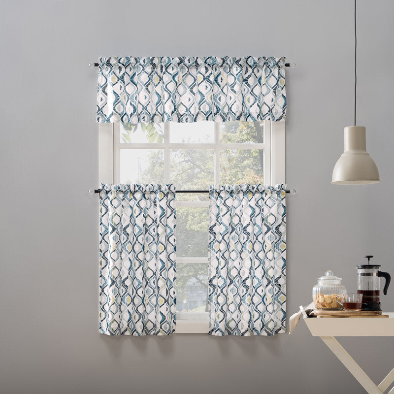 Maree Geometric Semi-Sheer Rod Pocket Kitchen Curtain Valance Set