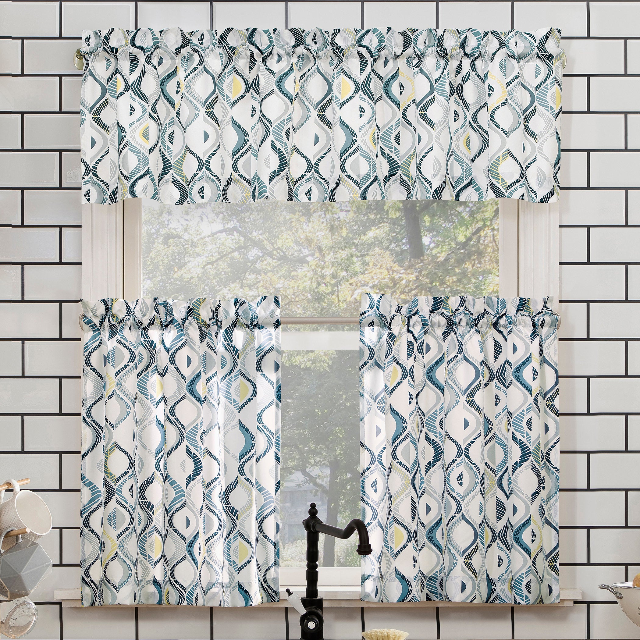 Maree Geometric Semi-Sheer Rod Pocket Kitchen Curtain Valance Set