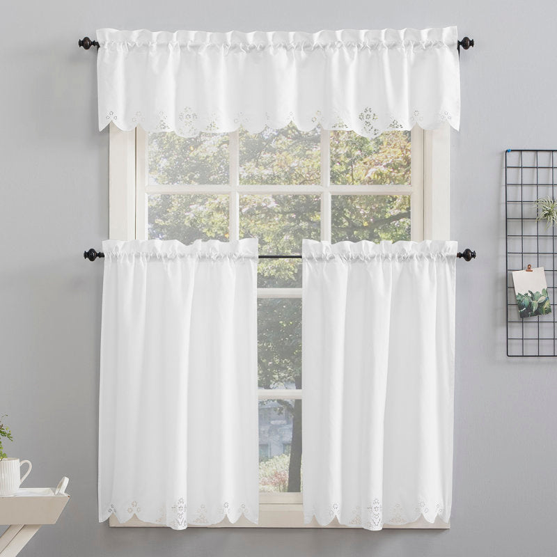 3-Piece Floral Embroidered Kitchen Curtain Set - Tailored Polyester