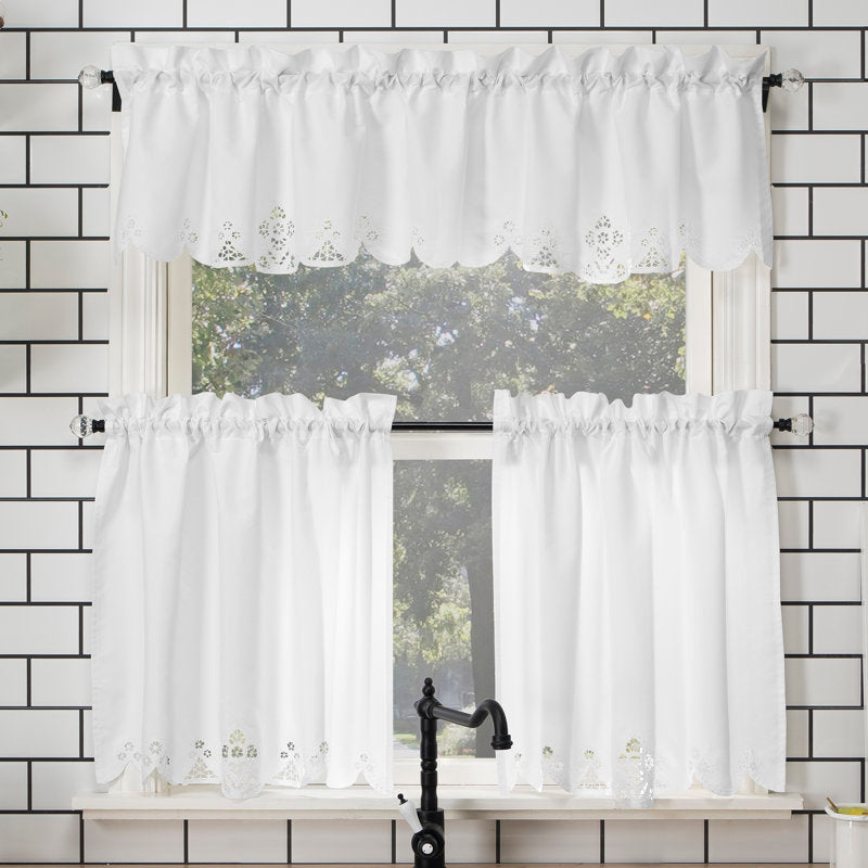 3-Piece Floral Embroidered Kitchen Curtain Set - Tailored Polyester