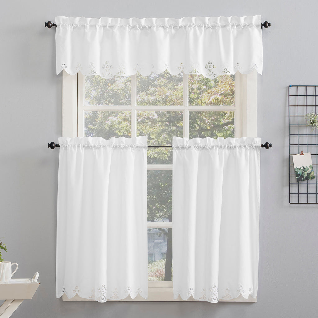 3-Piece Floral Embroidered Kitchen Curtain Set - Tailored Polyester