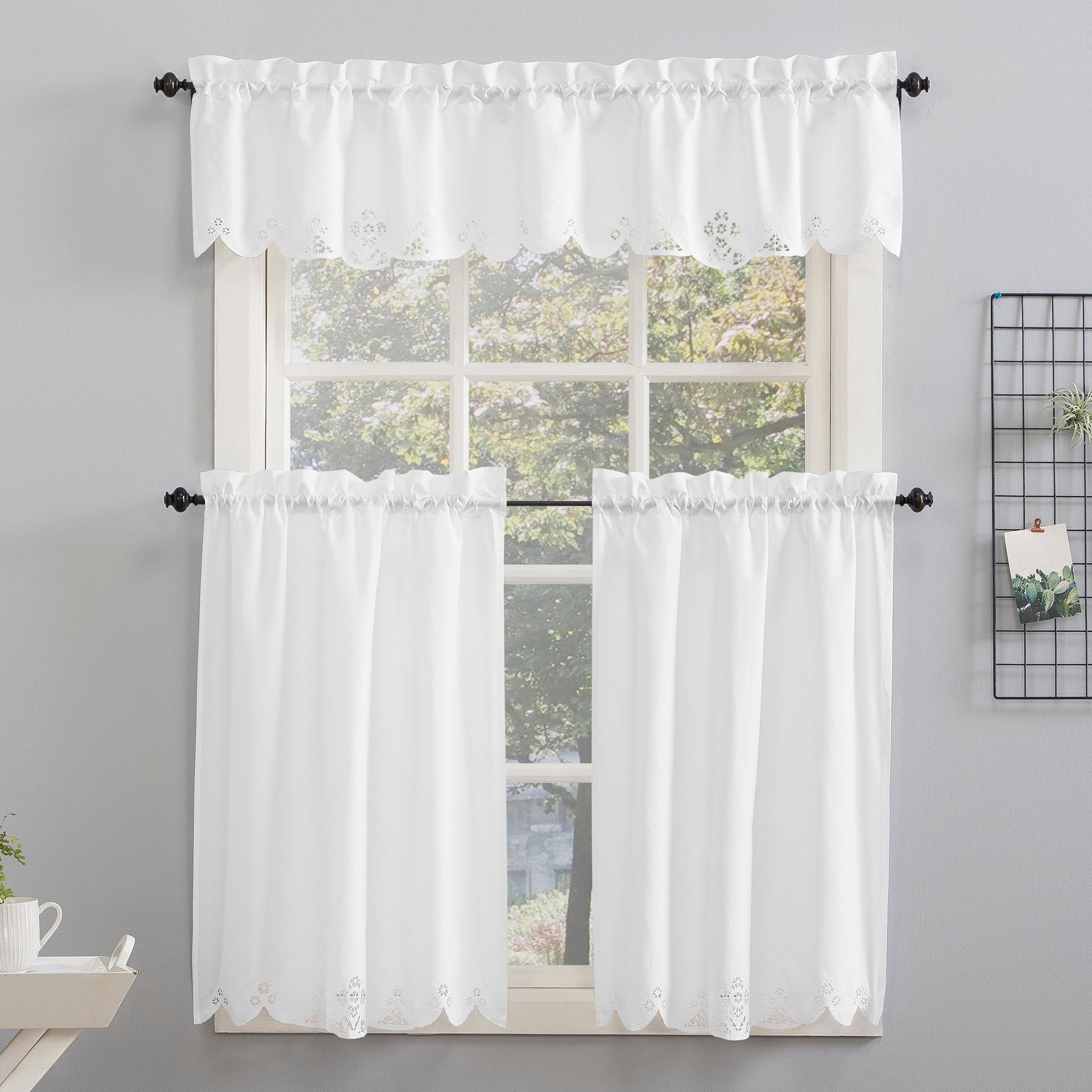 3-Piece Floral Embroidered Kitchen Curtain Set - Tailored Polyester