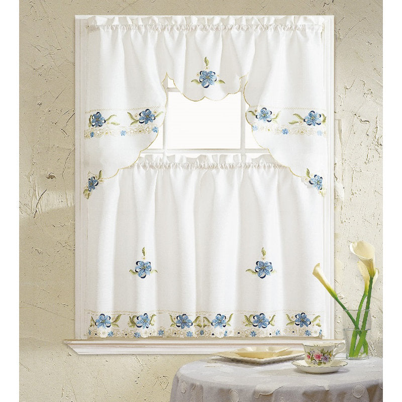 3-Piece Floral Swag Kitchen Curtain Set - Polyester Rod Pocket Blue