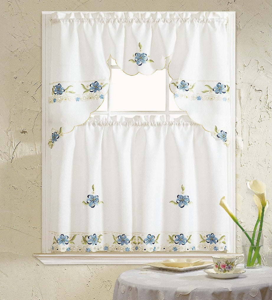 3-Piece Floral Swag Kitchen Curtain Set - Polyester Rod Pocket Blue