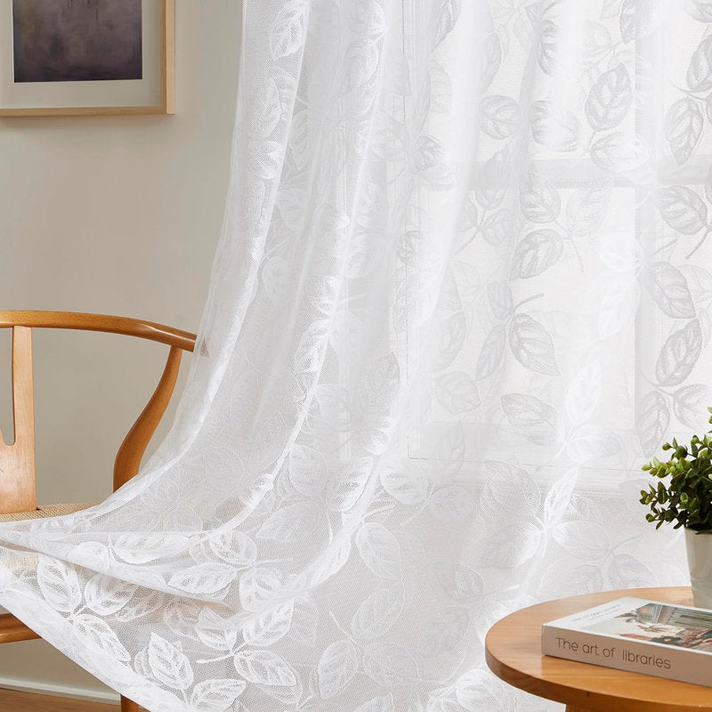 Secily Lace Sheer Curtain Pair - Vintage Leaf Embroidered Drapes