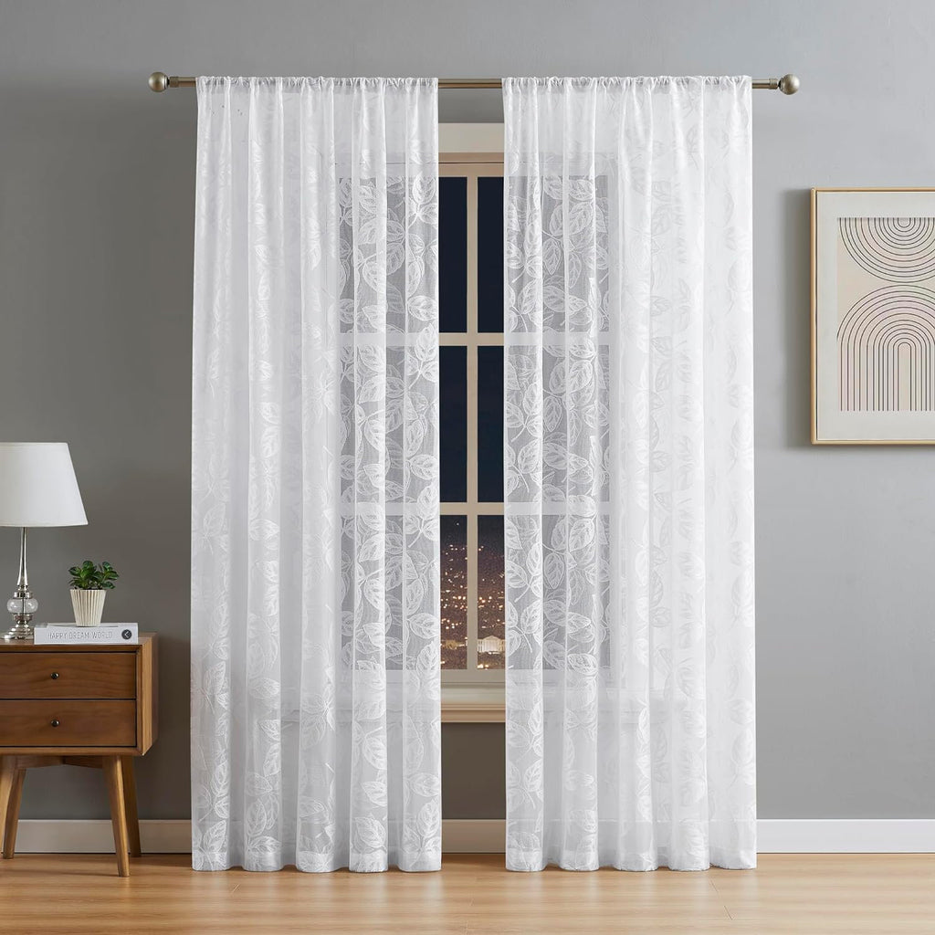 Secily Lace Sheer Curtain Pair - Vintage Leaf Embroidered Drapes