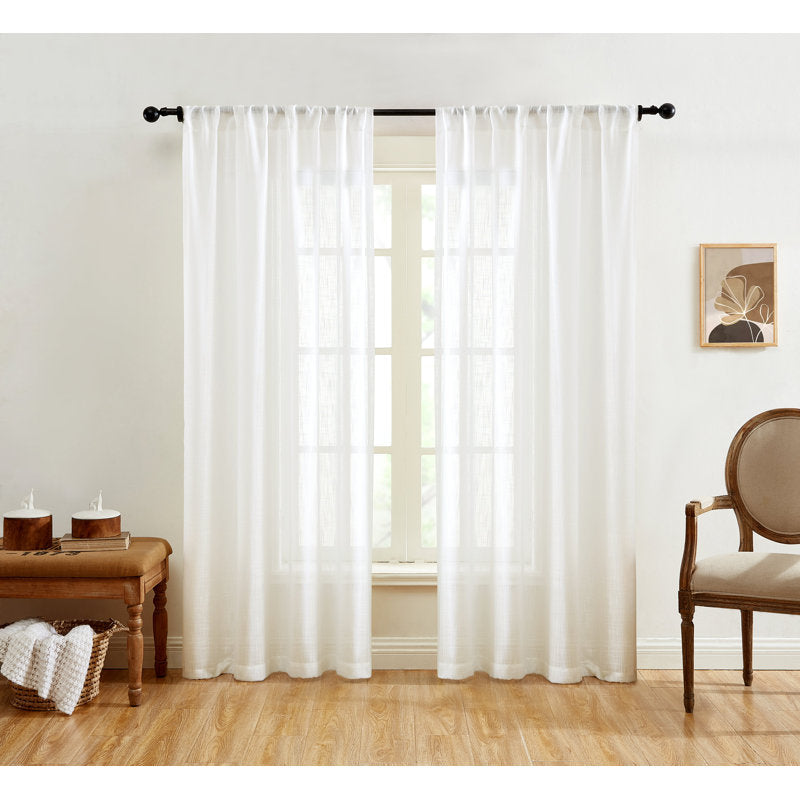 Faux Linen Semi Sheer Curtains - Textured Rod Pocket Panels (Set of 2)