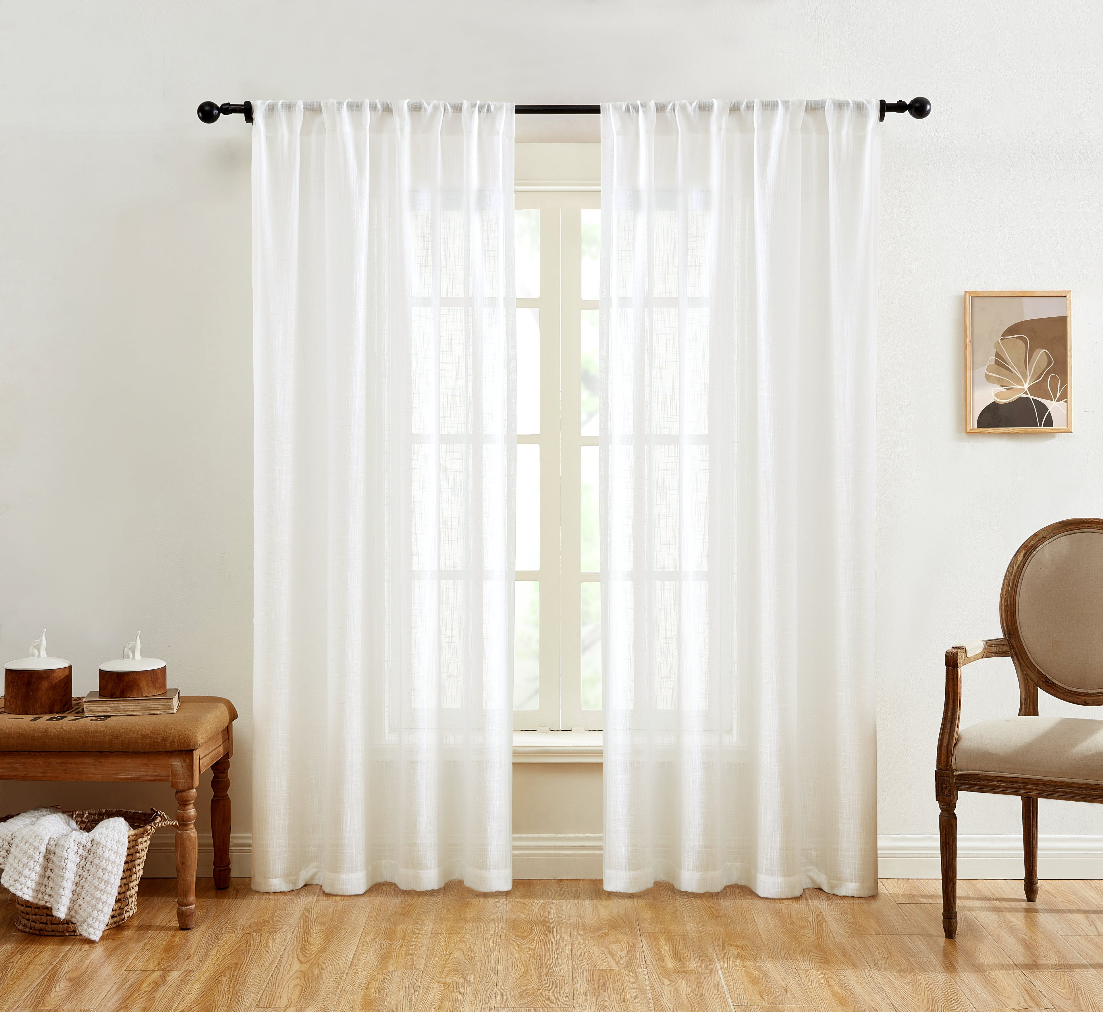 Faux Linen Semi Sheer Curtains - Textured Rod Pocket Panels (Set of 2)