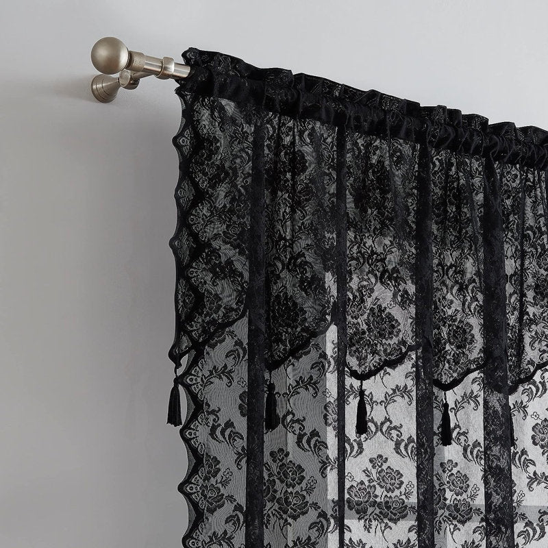 Vintage Rose Lace Semi Sheer Curtains - Pair with Valance & Tassels