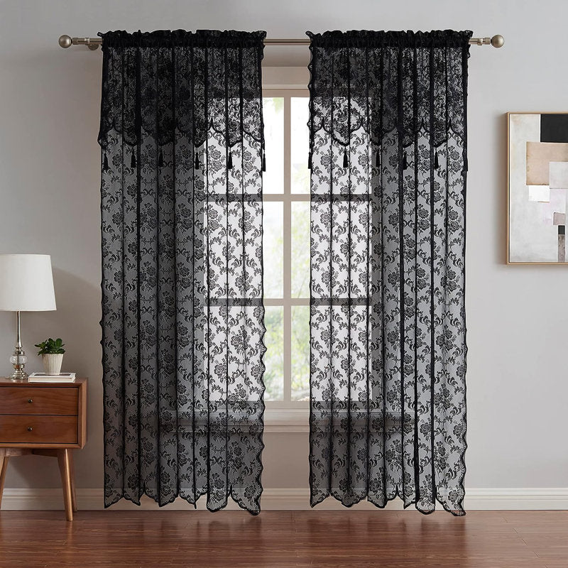 Vintage Rose Lace Semi Sheer Curtains - Pair with Valance & Tassels