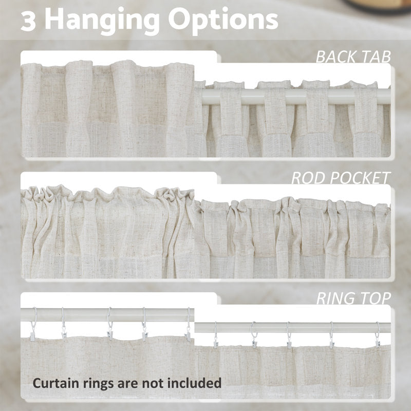 Linen Blend Semi-Sheer Back Tab Curtains for Living Room (Set of 2)
