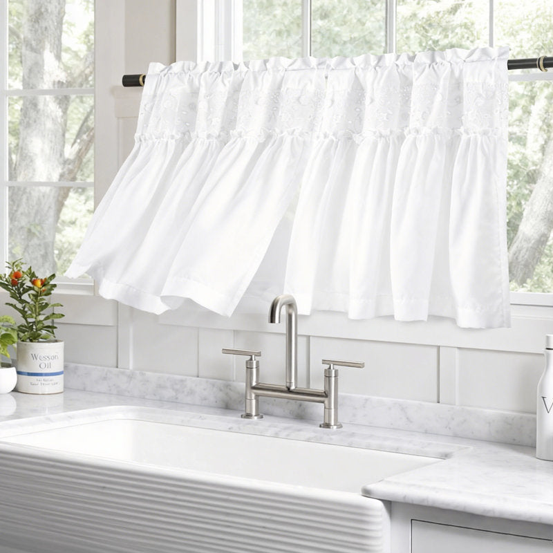 White Lace Kitchen Curtains - Farmhouse Cotton Café Tier Set