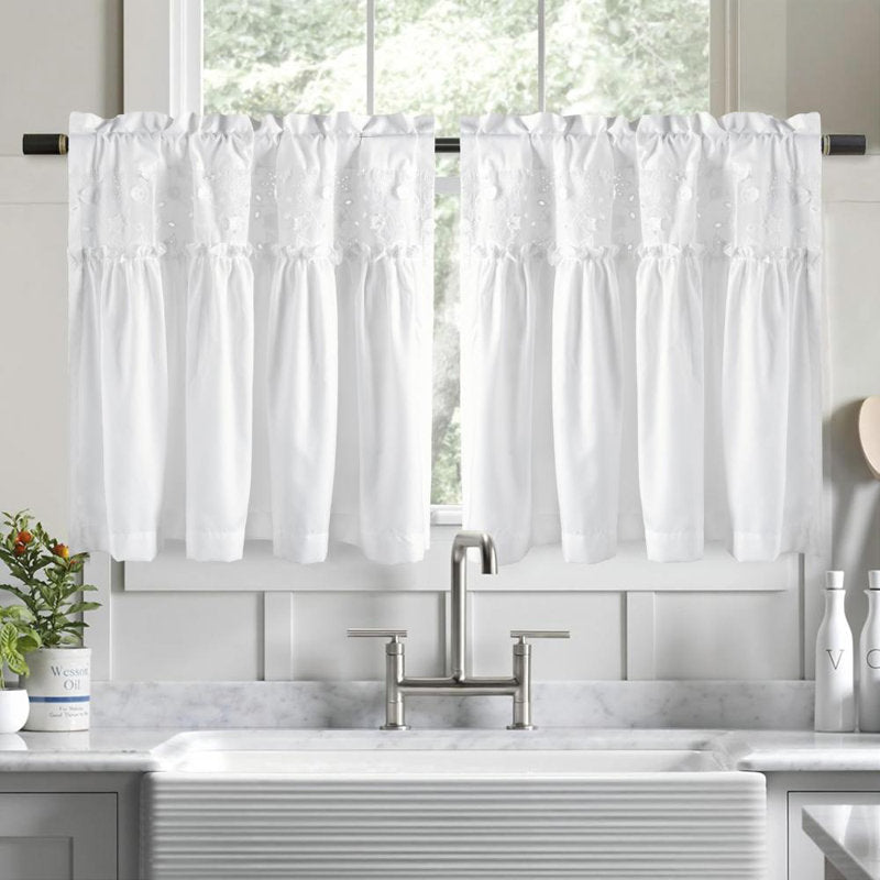 White Lace Kitchen Curtains - Farmhouse Cotton Café Tier Set