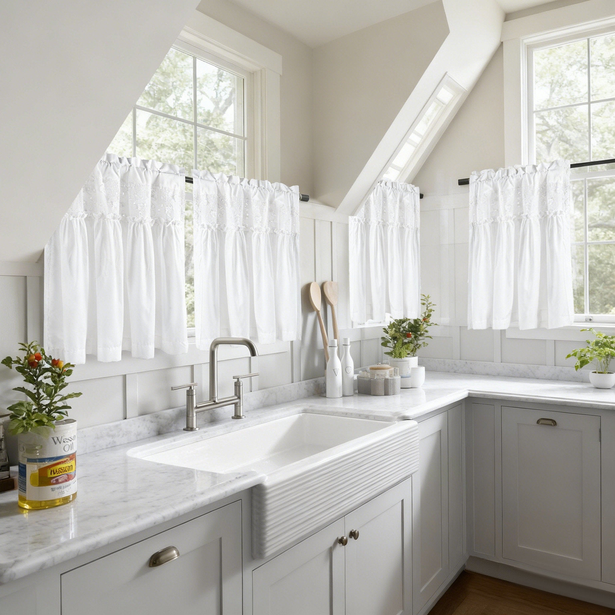 White Lace Kitchen Curtains - Farmhouse Cotton Café Tier Set