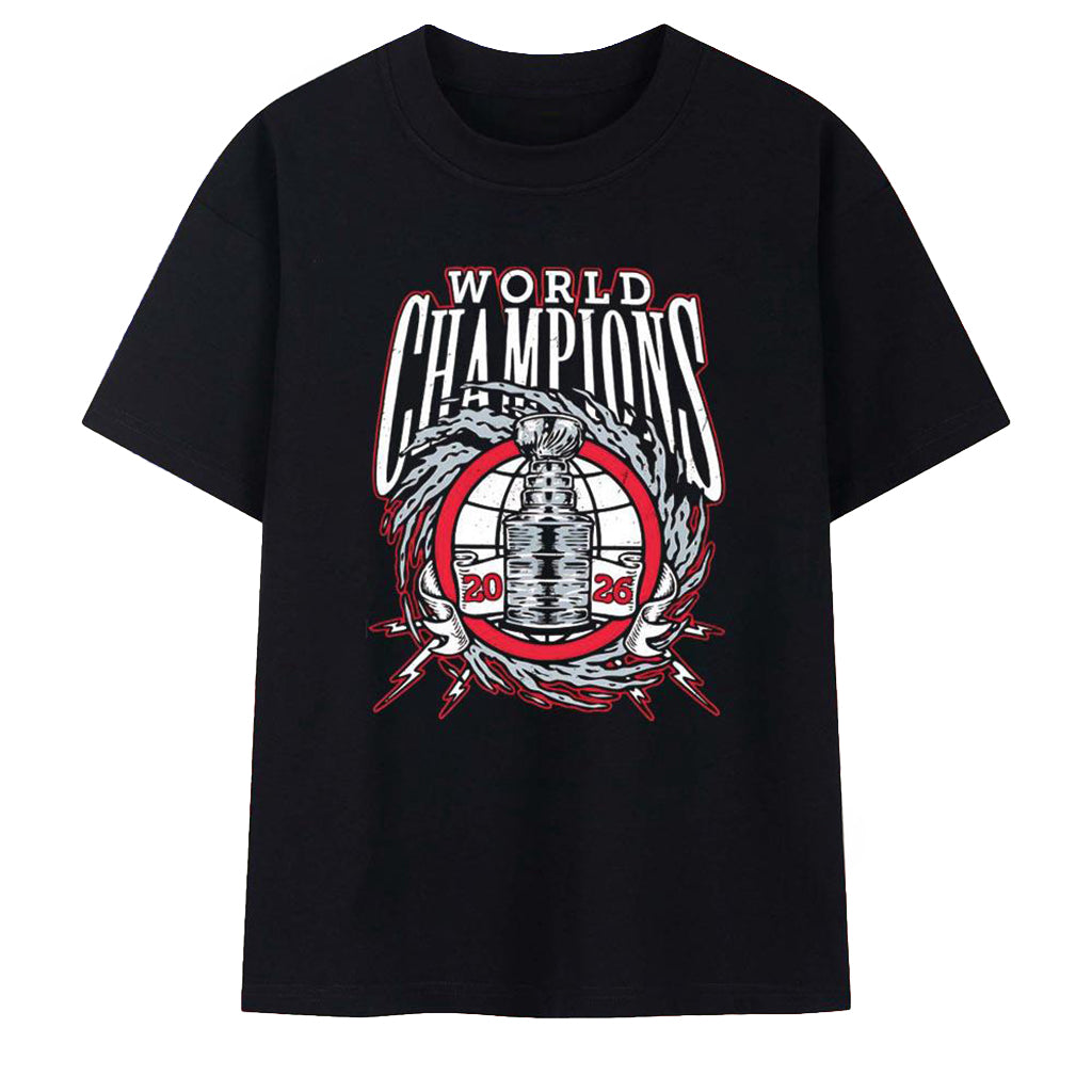 Carolina Hurricanes Merch 2026 World Champions Trophy Lightning Wreath Bold Logo Art T Shirt