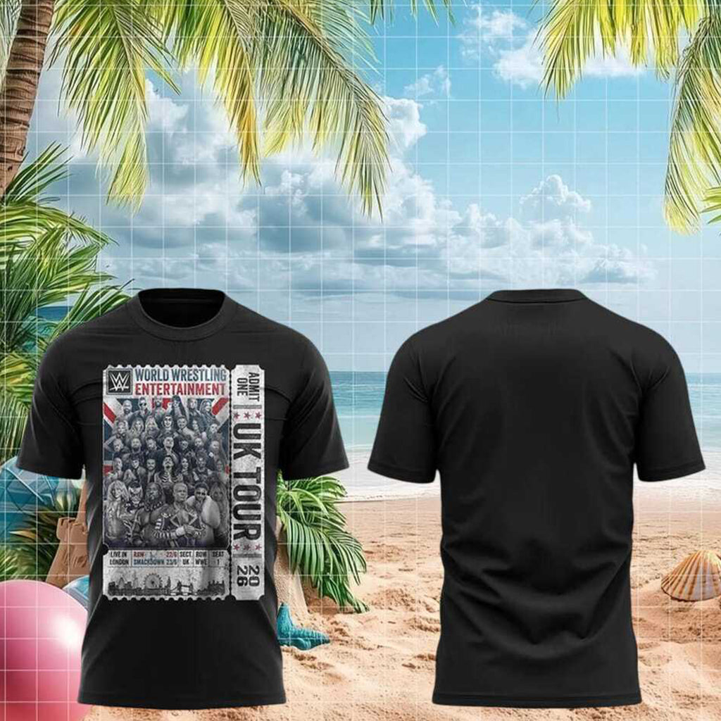 WWE World Wrestling Entertainment UK Tour Ticket Stub Style Shirt WWE Merch Fan Gear