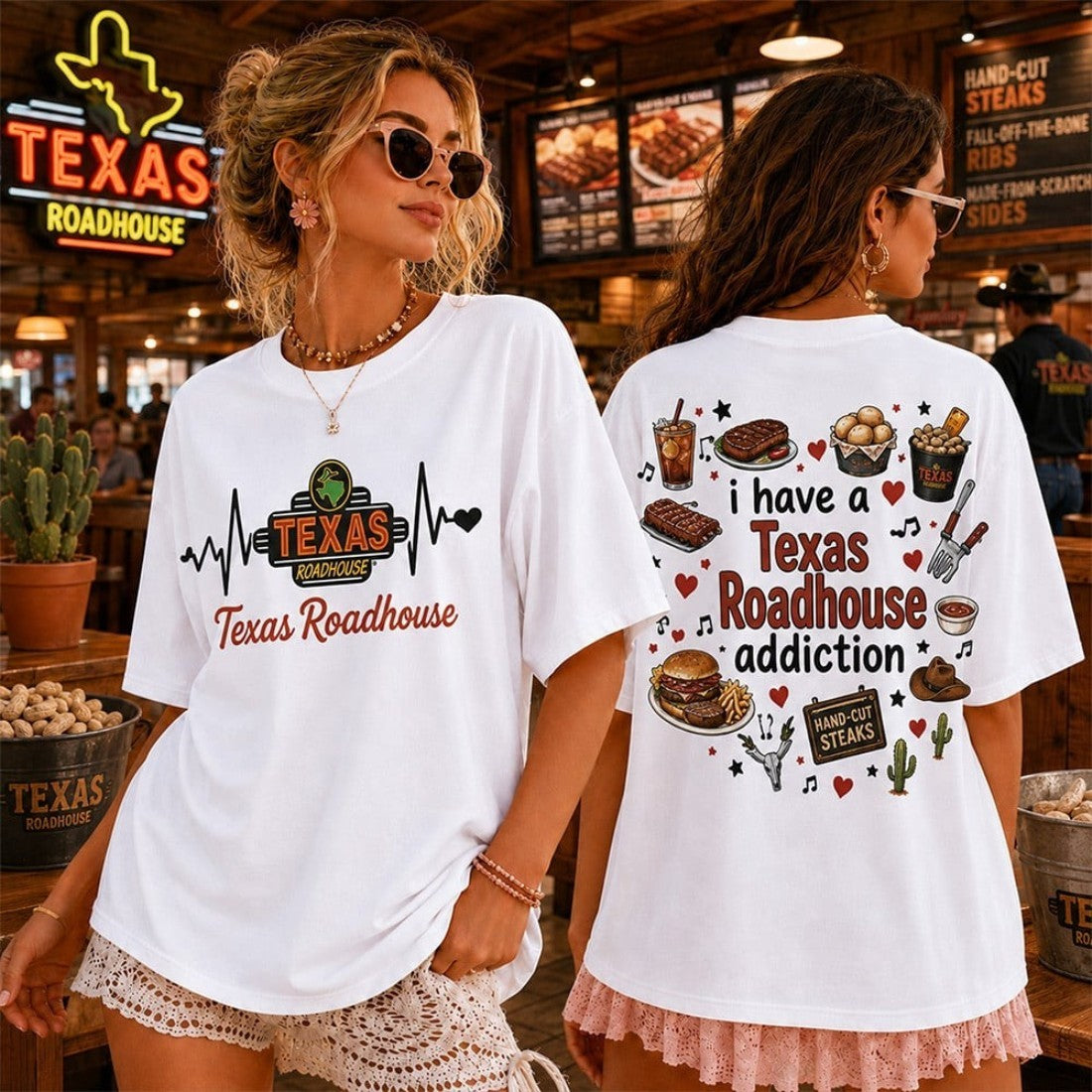 Heartbeat Lover I Have A Texas Roadhouse Addiction T-Shirt Humorous Gift For Besties