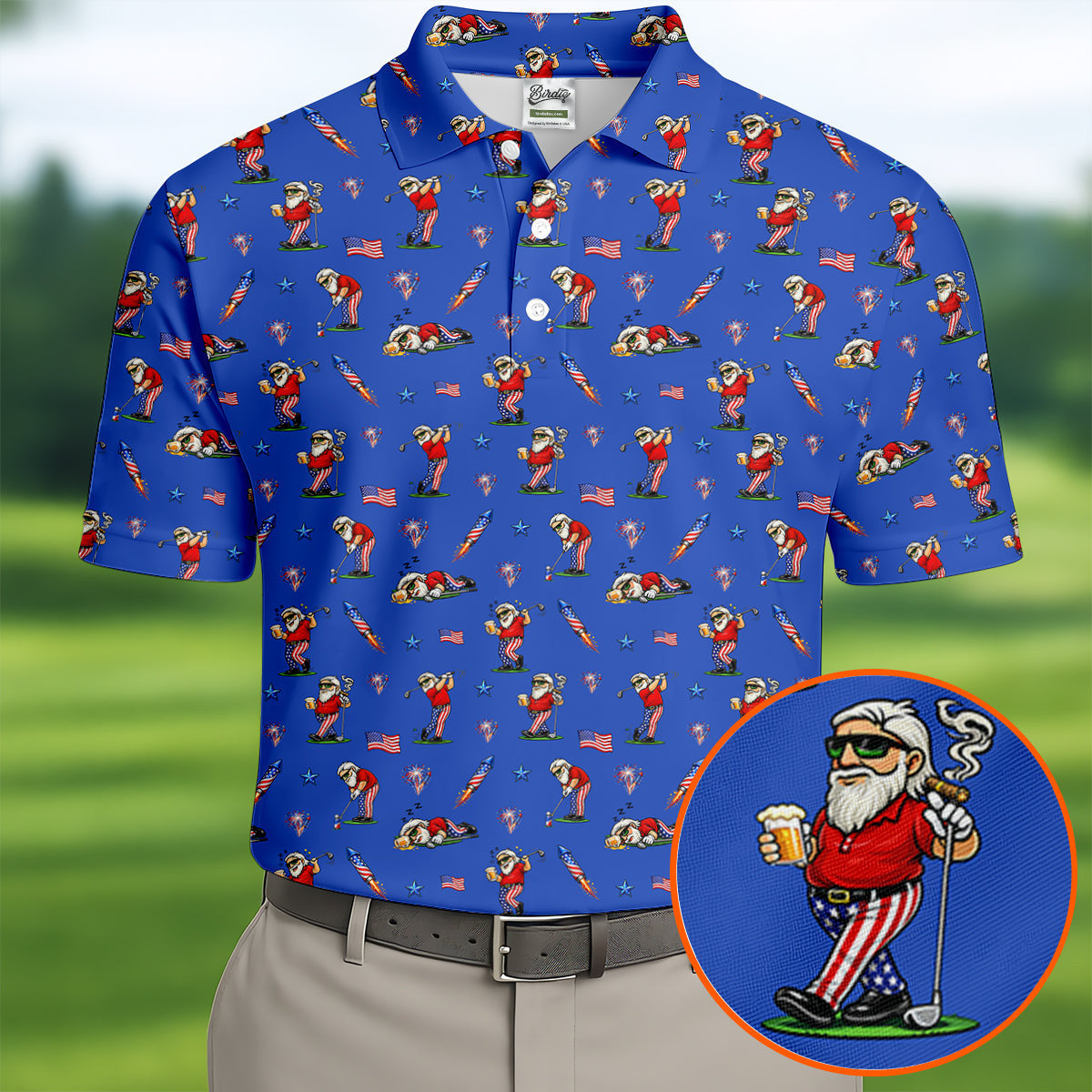 2026 Masters Merch 4th Of July Funny Man Golf And Beer Blue Polo Shirt Patriotic Golf Shirt